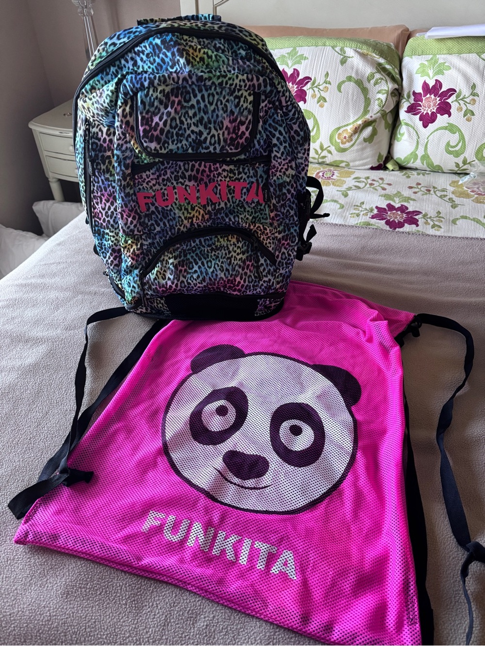 EUC Funkita Lolly Leopard Swim Backpack + Panda Mesh Gear Bag Set